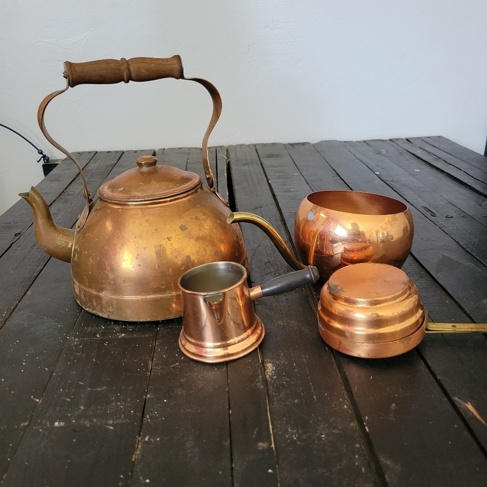 Vintage Copper Tea Pot Wooden Handle Set Water Steamer Measuring Cup